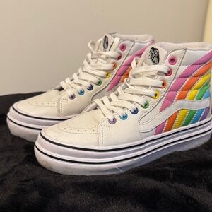 Vans White High-Tops with Multicolor Rainbow Design